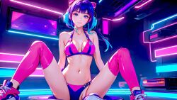 1girls ai_generated belly belly_button blue_eyes blue_hair city_background cyberpunk cyberpunk_background female looking_at_viewer pink_bra shoes sitting spread_legs