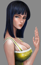 artist_request bangs bare_shoulders black_hair blue_eyes blue_hair blunt_bangs breasts cleavage collarbone erect_nipples female female_only fingernails from_side fur grey grey_background hand_up large_breasts lips looking_at_viewer nico_robin one_piece pre-timeskip shirt short_hair skypiea solo upper_body yellow_shirt yellow_topwear