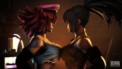 2girls 3d armband athletic_female big_breasts blue_hair breast_on_breasts breasts_against_breasts choker female/female female_only final_fight girl_on_girl king_of_fighters king_of_fighters_xv leona_heidern pink_hair poison_(final_fight) ripped_clothing ripped_tank_top ryandoesstuff sideboob sports_bra sportswear street_fighter street_fighter_v tank_top white_tank_top