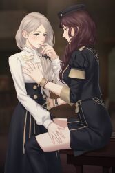 2girls biting blonde_hair blurry blurry_background boots bracelet breast_grab brown_hair dorothea_arnault female female_only finger_biting fire_emblem fire_emblem:_three_houses garreg_mach_monastery_uniform grabbing green_eyes groping hand_on_another's_thigh hand_on_another's_waist hat highres jewelry mercedes_von_martritz miura-n315 multiple_girls nail_biting nintendo school_uniform side_ponytail sitting thigh_boots thigh_grab yuri