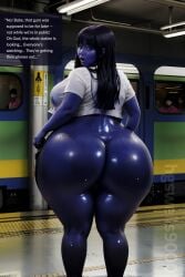 ai_generated asian asian_female ass_expansion being_watched big_ass big_breasts blue_hair blue_skin blueberry_inflation breast_expansion dialogue expansion hgswells9000 inflation lactating lactation_through_clothes looking_back practically_nude public public_exposure ripped_clothing ripped_legwear shirt stable_diffusion tagme train train_station white_shirt wide_hips