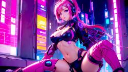 1girls ai_generated belly belly_button blue_eyes city_background cyberpunk cyberpunk_background female leg_up long_hair pink_hair shoes spread_legs