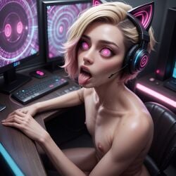 1femboy absurd_res absurd_resolution absurdres ai_generated blank_stare blonde_hair brainwashed brainwashing cat_ear_headphones chair computer desk drool drooling femboy femboy_only headphones hi_res high_resolution highres hypnosis hypnosis monitor naked nude open_mouth pink_eyes pink_light short_hair sidecut spiral_eyes tongue tongue_out