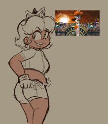 1girls ass daisy's_hot_stuff_(trend) female female_only mario_(series) mario_strikers mario_strikers_princess_daisy_side_view_redraw_(meme) meme orange_shorts princess_daisy screenshot_redraw super_mario_bros. white_shorts