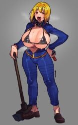 1girls big_breasts black_eyes blonde_hair blush collar fallout jumpsuit looking_at_viewer micro_bikini mob_face open_mouth open_shirt partially_clothed pill presenting short_hair smile solo standing sweat thick_thighs topless vault_girl vault_meat waa153 weapon