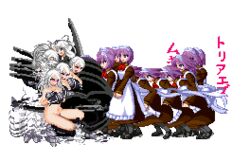 2girls animated apron assisted_exposure bangs blush breasts hisui hisui_(tsukihime) long_hair lowres m.u.g.e.n maid maid_headdress melty_blood multiple_girls pixel_art ponytail purple_hair riesbyfe_stridberg short_hair simple_background surprised tied_hair torn_clothes transparent_background type-moon uncensored white_hair