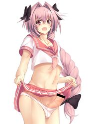 1boy :d astolfo_(fate) bar_censor black_bow bow braid censored collarbone cute_fang erection fate/apocrypha fate_(series) hair_intakes hairbow heart heart-shaped_pupils highres long_hair male_focus navel open_mouth panties penis pink_hair red_eyes school_uniform simple_background single_braid skirt skirt_lift smile solo sukage symbol-shaped_pupils trap underwear very_long_hair white_background