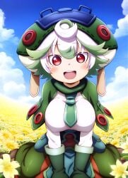 ai_generated big_breasts big_hat huge_breasts looking_at_viewer made_in_abyss mr._nyazakura multicolored_hair nipples_visible_through_clothing prushka red_eyes short_hair shortstack smiling white_hair