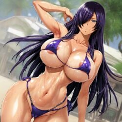 1female 1girls ai_generated big_breasts bikini bikini_bottom bikini_top breasts commentary_request covered_nipples english_commentary female female_only fit_female hair_over_one_eye hi_res high_resolution highres ikkitousen kanu_unchou long_hair looking_at_viewer outdoors outside solo solo_female solo_focus tagme wet wet_body