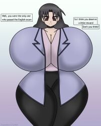 2024 azumanga_daiou big_ass big_breasts breasts_bigger_than_head dropedartist enormous_breasts female_only hourglass_figure huge_breasts looking_at_viewer self_upload smile text thick thick_legs thick_thighs yukari_tanizaki