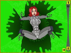 alien_girl amber_eyes annoyed armored_female armour clixsposing_kitraandra female female_focus female_only game_screenshot greg_panovich gun humanization humanized kitraandra newgrounds red_hair restrained space_girl spacesuit strip