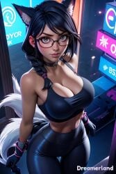 1girls abdomen abdominals ahri ai_generated arms_behind_back bare_shoulders belly_button big_breasts black_hair braided_hair breasts choker cleavage curvy_figure cyberpunk eyes_open female female_only fit fit_female fitness fox_ears fox_girl fox_tail from_above glasses glasses_on_face glasses_only gloves gym_clothes gym_clothing gym_uniform hair_between_eyes hands-free hd hd_(traditional) high_resolution highres hourglass_figure huge_breasts large_breasts league_of_legends league_of_legends:_wild_rift leggings leggings_only light light_body light_skin lighting lipstick looking_at_viewer medium_hair navel neon neon_lights pose posing posing_for_picture posing_for_the_viewer riot_games seduction serious shiny shiny_breasts shiny_clothes shiny_hair shiny_skin simple_background sitting sky4maleja sky4maleja slim slim_waist solo sport sports_bra sportswear thick_thighs thighs vastaya watermark yellow_eyes younger_female