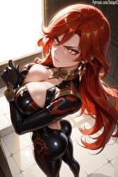 1girls ai_generated ass big_breasts clothed genshin_impact indoors long_hair looking_away mavuika_(genshin_impact) patreon red_eyes red_hair salupai serious standing symbol-shaped_pupils tight_clothing uncensored watermark