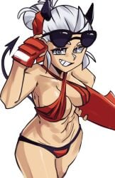 1girls 2020s 2024 big_breasts bikini breasts demon_tail female female_only grey_eyes helltaker horns justice_(helltaker) looking_at_viewer moxydrawsmore open_smile shiny_skin simple_background smile solo sunglasses sunglasses_on_head surfboard tail white_background white_hair