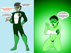 aura barefoot before_and_after bimbofication black_hair bodysuit breasts collar collarbone crazycowproductions dc_comics dialogue earrings femdom femsub gender_transformation glowing green_lantern_(series) green_lipstick kneeling kyle_rayner large_breasts lipstick makeup maledom mask mtf_transformation navel open_mouth pasties ring simple_background speech_bubble standing text transformation trigger tube_top