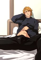 1boy abs blonde_hair blue_eyes bulge john_(tiger_&_bunny) keith_goodman looking_at_viewer male_only muscle pecs tiger_and_bunny undressing