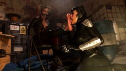 3d batman_(series) black_hair blonde_hair bondage catwoman catwoman_(injustice) caucasian caucasian_female dc dc_comics foot_fetish foot_focus foot_grab foot_lick foot_worship harley_quinn harley_quinn_(injustice) injustice_2 isinatra selina_kyle tape_gag tied_up