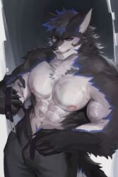 abs absurd_res archermagnum black_fur black_hair blue_fur blue_hair blue_highlights canid canine canis clothed clothing fur gay hair hi_res highlights_(coloring) looking_at_viewer lycaon1069 male mammal multicolored_body multicolored_fur muscular muscular_anthro muscular_male nipples opening_shirt pecs seductive_look sensual simple_background solo striped thunderrangers white_body wolf