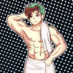 brown_hair cute_boy dotted_background gay green_highlights hand_behind_head hazel_eyes male male_only muscles nipples no_fingers no_visible_genitalia oc original_character self_upload shading short_hair sketch towel towel_around_waist towel_on_shoulder towel_only white_towel