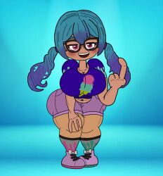 big_fingers blue_hair blue_hair_female breast_grab breasts chubby chubby_female dark-skinned_female fan_character female glasses liana pants robin2024_(artist) seductive seductive_eyes seductive_female splatoon tennis_shoes