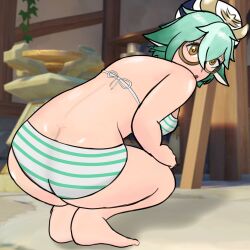 ass_focus bikini female_only from_behind genshin_impact glasses green_hair looking_at_viewer looking_back plops456 squatting sucrose_(genshin_impact)