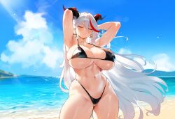 aegir_(azur_lane) ai_generated azur_lane beach female henrik_n huge_breasts light-skinned_female looking_at_viewer massive_breasts mommy novelai pale-skinned_female pale_skin posing_for_the_viewer skimpy_bikini slutty_outfit solo teasing_viewer thiccwithaq_(ai_style) white_hair wide_hips