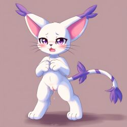 1girls ai_generated anthro blush digimon digimon_(species) female female_only furry gatomon kittynai open_mouth pussy pussy_juice solo tongue