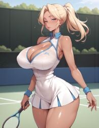 1girls ai_generated athletic athletic_female blonde_hair breasts_bigger_than_head lewdwaifulaifu looking_at_viewer massive_breasts slim_waist tennis_court tennis_racket tennis_uniform thick_thighs thighs