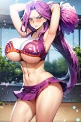 1female 1girls ai_generated armpits big_breasts breasts cheerleader cheerleader_outfit code_geass commentary_request cornelia_li_britannia english_commentary female female_only hi_res high_resolution highres long_hair pom_poms purple_eyes purple_hair skirt solo solo_focus