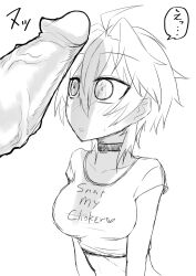 1boy 1girls breasts choker crop_top english_text female greyscale kurakumo_nue large_breasts midriff monochrome no_color penis print_shirt short_hair speech_bubble tomboy translation_request v_flower veiny_penis vocaloid