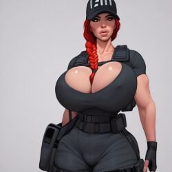 ai_generated ash_(rainbow_six) big_breasts bimbo bimbo_lips braid cameltoe cleavage comission fit_female huge_breasts large_breasts military rainbow_six_siege red_hair rookybooky thick thick_thighs vest