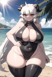 1girls ai_generated baphomet_(grizz) boob_window cleavage cow_ears cow_horns daidouji_(artist) daidoujipv helltaker long_hair looking_at_viewer nipple_bulge solo thick_thighs thighhighs thighs