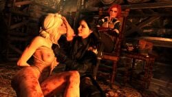 3d arms_crossed arms_tied_behind_back black_hair bondage boots caucasian caucasian_female ciri feet focus foot_fetish foot_kiss naked naked_female nude nude_female red_hair tears the_witcher_(series) the_witcher_3:_wild_hunt tied_up triss_merigold white_hair yennefer