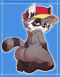 anthro big_ass big_butt colombian colombian_female dah_showstopperz dotted_background grey_fur miko's_trash_can miko_(miko's_trash_can) multicolored_fur neck_tuft perfectos_desconocidos perfectos_desconocidos_(invitado) procyonid raccoon raccoon_ears raccoon_tail red_cap red_hat simple_background smiling tail tail_tuft tattoo thick_thighs twitter_username white_fur wide_hips yellow_eyes