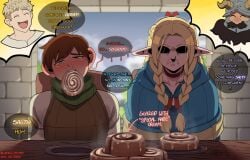 1female 1girls 2024 2d 2d_(artwork) 3boys after_anal after_sex angry angry_face arms artist_name beard blackwhiplash blonde blonde_female blonde_hair blonde_male blush blush_lines blushing braid braided_hair brown_hair bwl chilchuck_tims cinnamon_roll cinnamon_roll_(food) cinnamonroll closed_eyes clothed clothing cum delicious_in_dungeon disgusted dungeon_meshi elf elf_ears elf_female elf_girl english english_text female food food_in_mouth girl hands helmet horns laios_touden legs light-skinned_female light_skin marcille_donato open_eyes outdoor outdoors outside senshi_(dungeon_meshi) short_hair smile smiling speech_bubble table text text_bubble viking viking_helmet