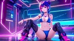 1girls ai_generated belly belly_button blue_bra blue_eyes blue_hair cyberpunk cyberpunk_background female looking_at_viewer shoes sitting spread_legs