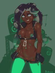 2017 areolae beauty_mark belly_button_piercing bichrom black_hair breasts brown_body brown_lips brown_skin cephalopod cleavage dark-skinned_female dark_skin female female_focus female_only fingerless_gloves gloves glowing_clothes gradient_hair green_areola green_background green_eyes green_hair green_nipples green_pussy headphones looking_at_viewer marina_(splatoon) mole mole_under_mouth multicolored_hair nintendo nipples octoling panties panties_down pulling_down_panties pulling_panties pussy splatoon splatoon_2 tentacle tentacle_hair thighhighs thighs undressing zipper zipper_pull_tab