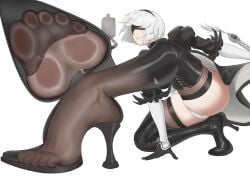 blindfold faceless_male feet femdom foot_fetish foot_focus foot_worship footwear geso_(artist) giantess high_heels nier:_automata sweaty_feet thick_thighs under_foot underfoot white_hair yorha_2b