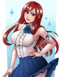 1girls brown_eyes clothing dangerousbride erza_scarlet fairy_tail female female_only hand_on_hip long_hair looking_at_viewer red_hair red_lips skirt smiling smiling_at_viewer solo sparkles tattoo_on_arm very_high_resolution