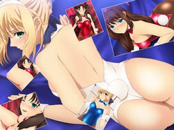 2girls ass blonde_hair blue_eyes bunny_ears bunny_girl bunny_tail bunnysuit fate/stay_night fate_(series) female female_only green_eyes long_hair looking_at_viewer lying multiple_girls saber solo_focus tail thighs tohsaka_rin wrist_cuffs yadokari_genpachirou