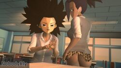 2girls ass ass_focus black_hair caulifla dark-skinned_female dark_skin dragon_ball dragon_ball_super earrings female female_only kale miniskirt multiple_girls nobodyrly_(artist) pervert pervert_female school school_uniform sex_invitation sexually_suggestive skirt uniform