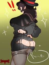 !! ass ass_cleavage ass_focus back_view backboob bad_luck big_ass big_butt brock903 butt_crack clothed clothing dark_hair exclamation_point hood magician magician_hat oc original_character pantyhose ripped_clothing ripped_pantyhose ripped_skirt sketch skirt_pull solid_color_background surprised tearing_open_bottoms torn_open_bottoms turned_around wardrobe_malfunction