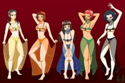 2000s 2000s_(style) 2d 2d_(artwork) 2d_artwork 4females 4girls advance_wars advance_wars:_dual_strike afro arms_above_head bare_arms bare_legs bare_midriff bare_shoulders bare_thighs barefoot belly_button black_bra black_hair black_skirt blue_bra blue_skirt bra brown_hair cleavage dancer_class dancer_girl dancer_outfit dancing empty_eyes feet female_only femsub girls_only gray_eyes green_bra green_headband green_skirt harem harem_girl harem_girls harem_jewelry harem_outfit harem_pants headband heart_shaped_bra heart_symbol hypnosis hypnosis hypnotic_eyes hypnotized_female intelligent_systems jess_(advance_wars) lash_(advance_wars) leaning_forward light-skinned_female light_skin long_hair micro_bikini midriff multiple_girls multiple_subs navel nintendo only_female only_girl orange_bra orange_hair orange_skirt overboob rabbit0 red_background red_hair sami_(advance_wars) sasha_(advance_wars) see-through see-through_clothing see-through_dress see-through_shirt see-through_veil short_hair sideboob slave slave_outfit smile sonja_(advance_wars) tagme tan_skin tan_skinned_female theneko thick_thighs twintails underboob veil white_skin white_skinned_female yellow_bra yellow_highlights yellow_skirt