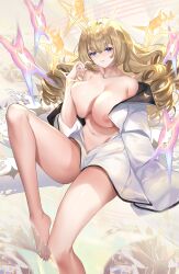 1girls absurd_res bare_shoulders blonde_hair blue_eyes blush breasts breasts_out crown crown_(naked_king)_(nikke) crown_(nikke) drill_hair female female_only goddess_of_victory:_nikke hair_intakes hair_ornament hanh_chu huge_breasts light-skinned_female light_skin long_hair looking_at_viewer naked_shirt navel nipples official_alternate_costume open_shirt partially_clothed thighs