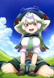 ai_generated big_breasts big_hat huge_breasts looking_at_viewer made_in_abyss mr._nyazakura multicolored_hair nipples_visible_through_clothing prushka red_eyes short_hair shortstack smiling thick_thighs thighs white_hair