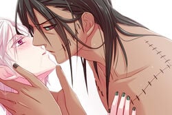 2boys black_hair blush hidan kakuzu kissing konikou_(konico) long_hair male_only multiple_boys naruto pink_eyes scar short_hair silver_hair tagme yaoi