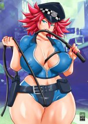 1girls abs alternate_costume bayeuxman belt cameltoe huge_ass huge_breasts nipple_bulge poison_(final_fight) police_hat police_uniform policewoman short_shorts smile street_fighter swimsuit whip zipper zipper_down