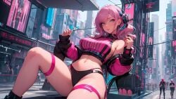 1girls ai_generated belly belly_button black_panties blue_eyes city_background cyberpunk cyberpunk_background female headphones leg_up looking_at_viewer pink_hair sitting