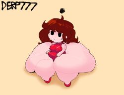 brown_hair derp777 edit edited fat friday_night_funkin frustrated frustration_cloud girlfriend_(friday_night_funkin) heels moonoatmeal obese red_dress red_shoes sweat thunder_thighs visible_nipples yellow_background