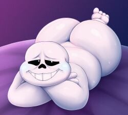 1boy ass big_ass big_butt blush bodily_fluids bone butt chubby feet hi_res humanoid lying male male_only monster on_front overweight overweight_male sans sans_(undertale) sinood1e skeleton solo sweat sweaty_butt teasing undertale undertale_(series) white_body